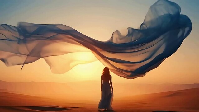 A blue thin bed sheet made of light silk vertically floating around in the air in a desert, a mysterious fairy female is dancing behind the sheet. golden hour
