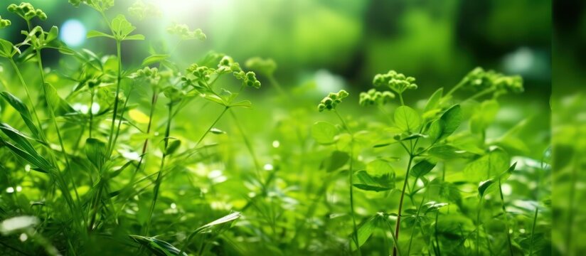 Nature beautiful blurred spring background with small flowers and grass