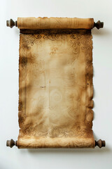 Vintage old scroll made of yellowish brown parchment. Along the edges of the scroll are dark brown Celtic designs. The central part of the scroll is empty