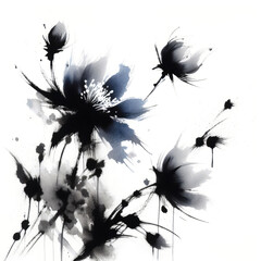 Drawing Of Abstract Flowers In Black Ink And Watercolor. Illustration On The Theme Of Exhibitions And Art And Graphic Illustrations, Ink Brush - 757403063