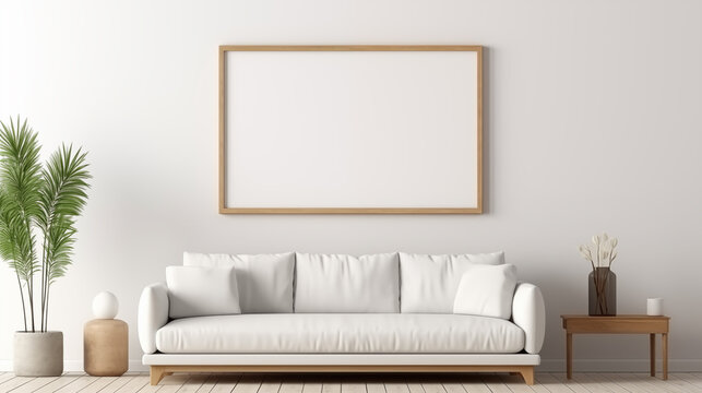 a white couch and a framed picture on a wall