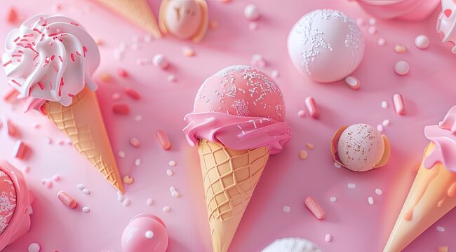 Ice Cream Treats on Pink Background, 3D rendering.