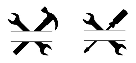 Caution, under construction traffic sign. Mallet or hammers icon. tappet wrench and screwdriver Repair, worker tools. Look after, do not enter, work in progress. Signboard. No entry, stop