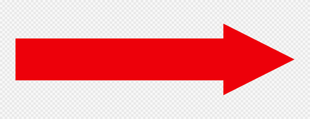 A red arrow on a transparent background indicates the direction of movement to the right, forward. Arrow icon, pointer, road sign. Vector EPS 10.