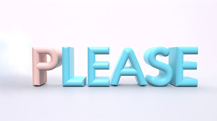 Bold 3D “PLEASE” Typography - soft gradient of pink and blue, casting subtle shadows on the plain white background, enhancing the 3D effect and giving the image a modern aesthetic appeal
