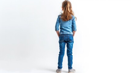 Back view of girl standing and looking in front of herself, transparent background.