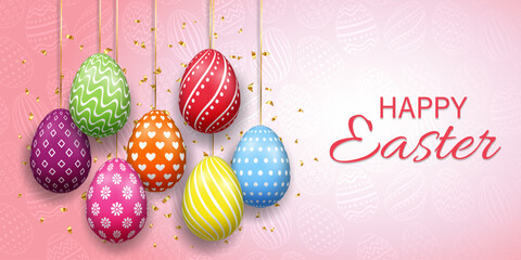 Happy Easter vector banner and poster template with colorful 3D eggs. Easter design for background, invitation, flyer and greeting card template.