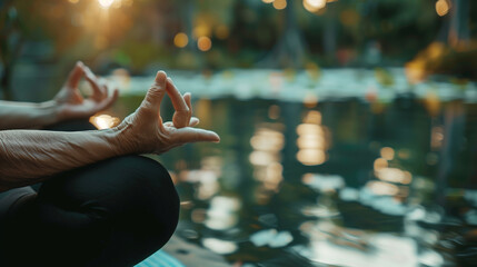 Close up of Old women hands lotus pose yoga concept - obrazy, fototapety, plakaty
