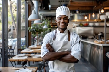 The chef stood in the restaurant with his arms crossed, a smile on his face. He looked ready to cook up a delicious dish using fresh ingredients on the table - obrazy, fototapety, plakaty