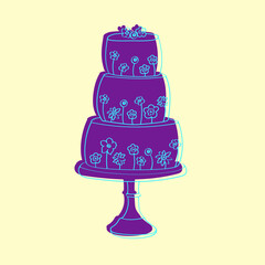 A hand-drawn illustration of a three-tiered cake adorned with delicate flowers. The cake is detailed with intricate decorations and piping, showcasing a traditional yet elegant design
