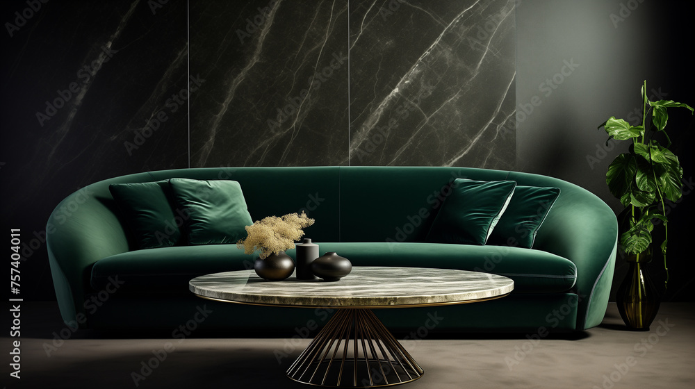 Wall mural Elegant Dark Green Sofa in a Modern Living Room with Marble Backdrop and Luxurious Decor