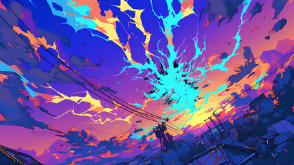 aesthetic comic view with colorful lightning effects, 2D animated stickers