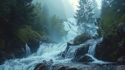 Waterfall on a mountain stream located in a misty forest, natural background - obrazy, fototapety, plakaty