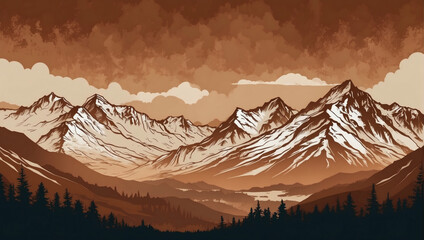 Mountain range illustration in warm copper colors, tailored for premium wallpaper, wall art decoration, and high-end advertising. - obrazy, fototapety, plakaty