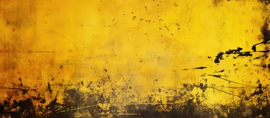 Foto auf Acrylglas A close up of a yellow wall with black spots resembles a natural landscape with grass and flowering plants. The vibrant colors pop against the soil backdrop © AkuAku