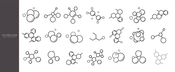 A set of molecular models on a white background. A collection of icons of atoms, molecules, and chemical structures. Vector EPS 10.