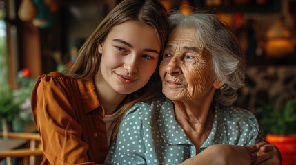 Young woman and an elderly woman closely posing together, smiling warmly, giving a sense of family, affection, and generational connection.