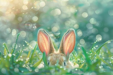 Peek-a-Boo Playful Bunny Ears Emerging from Lush Green Grass on Easter Day - obrazy, fototapety, plakaty
