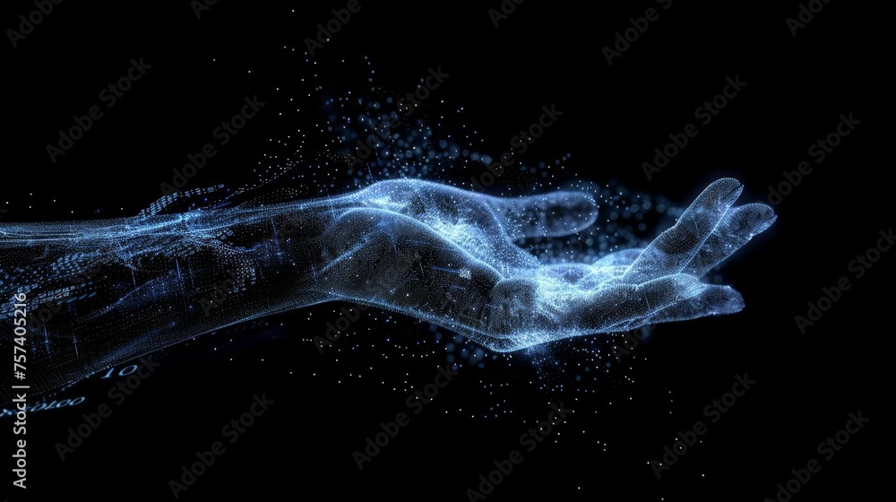 Poster digital hand hologram on dark background with copy space. neural network connection. communication w