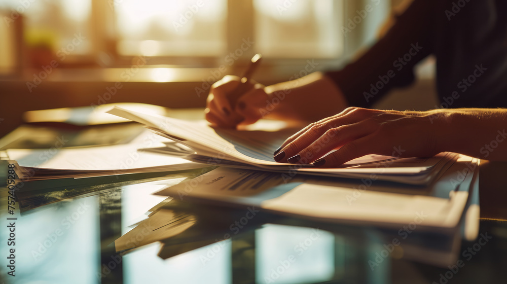 Poster close-up of a person's hands sorting through a large stack of papers and documents secured with blac