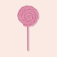 A pink lollipop is placed on a pink background. The candy vibrant color contrasts beautifully with the soft pink backdrop