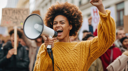 Fototapeta na wymiar Young woman with curly hair, wearing a mustard yellow sweater, enthusiastically speaking into a megaphone at a public demonstration, surrounded by a diverse crowd of people