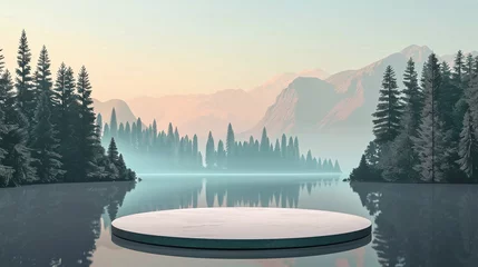 Crédence de cuisine en verre imprimé Alpes Display stand with natural background at lake, pine forest and mountains. Ai generate.