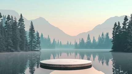 Display stand with natural background at lake, pine forest and mountains. Ai generate. - obrazy, fototapety, plakaty