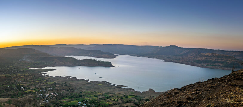 Beautiful Backwater reservoir view from the top of famous Sajjangad fort near Satara, Maharashtra, India.