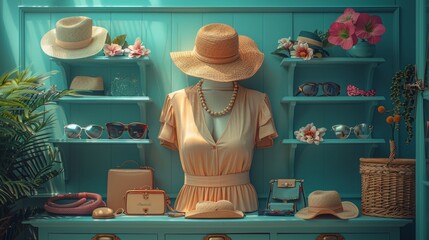 A collection of women's accessories and essentials, featuring a still life of fashion. Vintage dressing concept set.