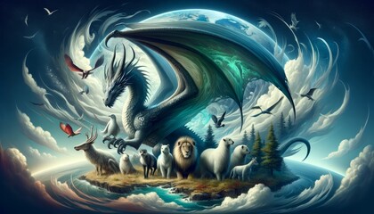 Fantastical scene with dragon and various wildlife