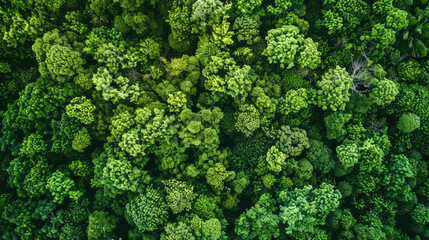 Aerial top view of green trees in forest. Drone view of dense green tree captures CO2. Green tree...