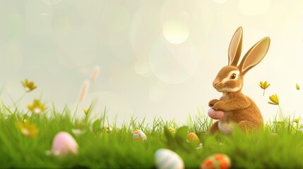 Fluffy brown bunny sits amidst easter eggs and flowers on a dreamy, sunlit background, evoking joy...