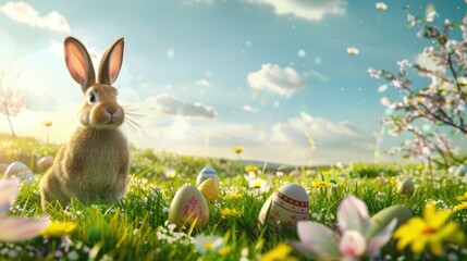 Majestic bunny surrounded by painted easter eggs, wildflowers under a sunny sky with blooming trees, alluding to the theme of rebirth - obrazy, fototapety, plakaty