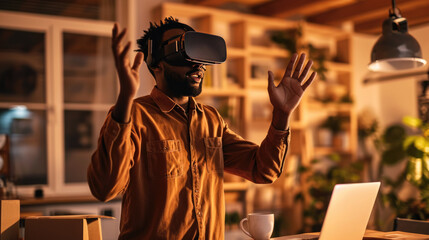 Man is engaging with virtual reality using a VR headset, with his hands raised in front of him