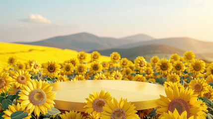 Fototapeta premium The display stand is white and the background is a field of sunflowers and the sky. Ai generate.