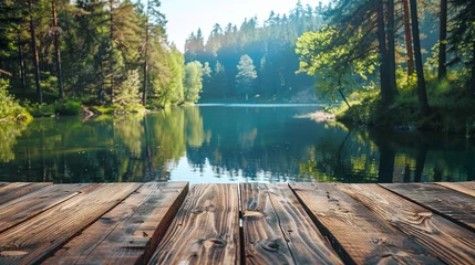Foto auf Acrylglas Wooden table for displaying products with a natural background with a lake and a pine forest. Ai generate. © MOUNTAIN