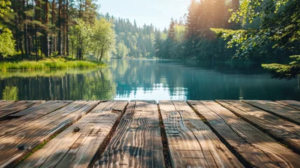 Draagtas Wooden table for displaying products with a natural background with a lake and a pine forest. Ai generate. © MOUNTAIN