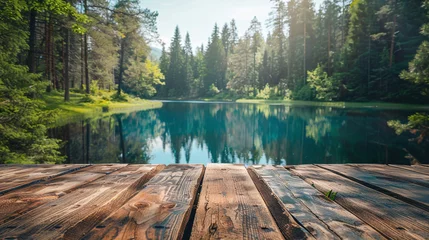 Gordijnen Wooden table for displaying products with a natural background with a lake and a pine forest. Ai generate. © MOUNTAIN