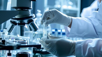 Scientists hands close-up nanomaterial nanotec nanotechnology conducting research fiber microfiber microbiology medicine healthcare pharma production lab laboratory science chemistry genetic genes