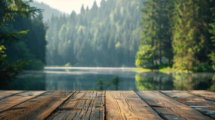 Wooden table for displaying products with a natural background with a lake and a pine forest. Ai...
