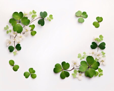 A white blank card with space for its own content depicted a clover on bright white green flowers. Green four-leaf clover symbol of St. Patrick's Day.