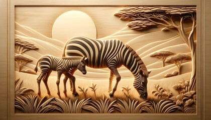 Naklejka premium Carved wooden depiction of zebra and foal at sunset