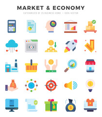 Set of 25 Market & Economy Flat Icons Pack.