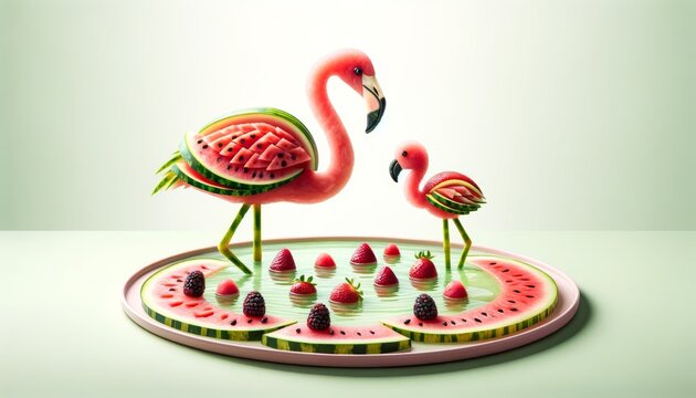 Artistic fruit carving of flamingos with berries