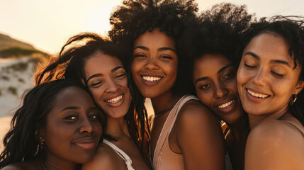 Fototapeta premium Smiling women are huddled closely together, portraying a warm, friendly, and diverse group.