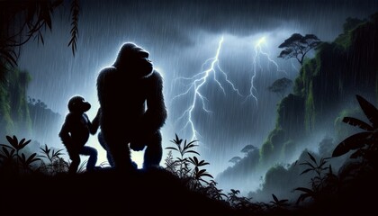 Silhouetted figures of a gorilla and child in a stormy jungle