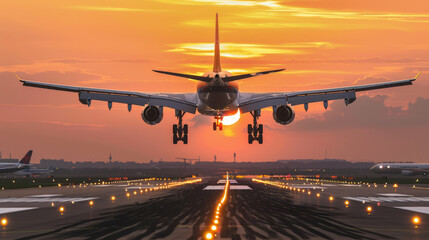 Fototapeta na wymiar A large jetliner taking off from an airport runway