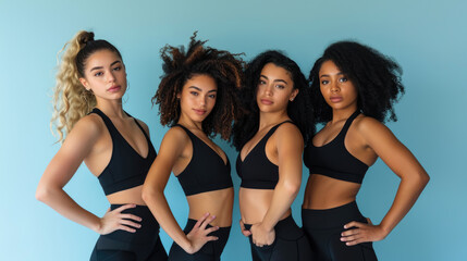 Diverse group of five women in black athletic wear are standing confidently together against a teal background. - obrazy, fototapety, plakaty