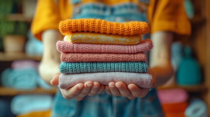 Feel softness, chore of asian young woman, girl hand holding pile clothing from table, stack folding clean clothes after washing, laundry and dry. Household working at home. Laundry of maid concept - obrazy, fototapety, plakaty